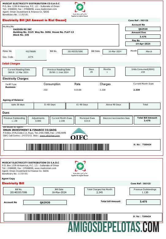 imprimível OMAN MUSCAT ELECTRICITY Business Utility Bill Word e modelo PDF